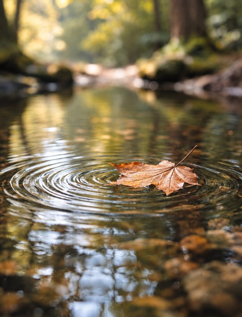 Ein einzelnes Herbstblatt treibt auf dem Wasser und zieht Kreise um sich.
