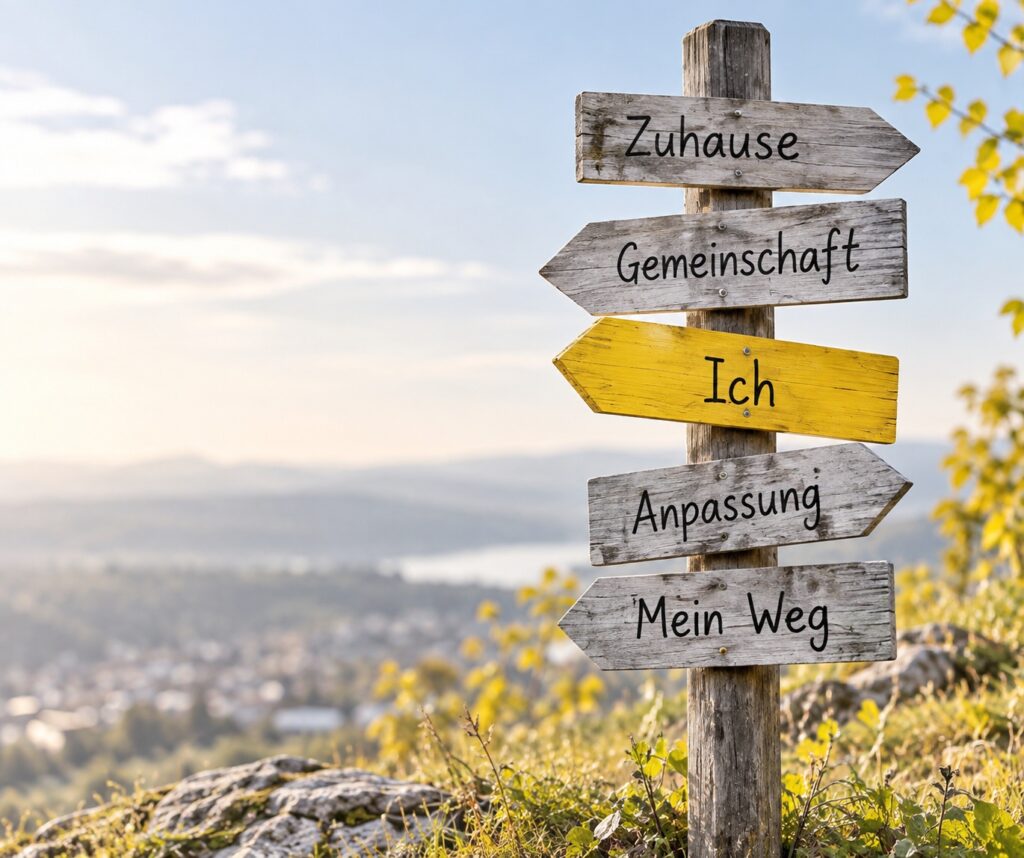 Wegweiser mit den Richtungen „Zuhause“ und „Ich“.